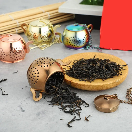 Metal Tea Strainer Teapot Shape Loose Tea Stainless Steel Infuser Leaf Tea Maker Strainer Chain Drip Tray Herbal Spice Filter