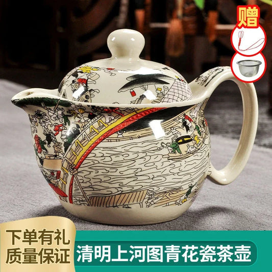 Traditional Chinese Blue and White Porcelain Teapot Ceramic Kung Fu Tea Set for Home Use Single Pot with Filter